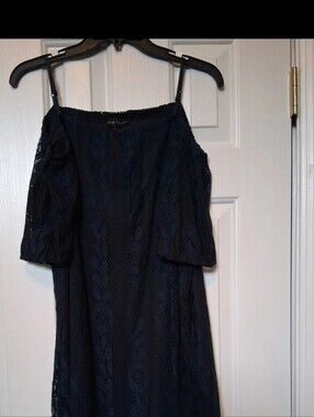 City Triangles Navy Off-Shoulder Lace Midi Dress